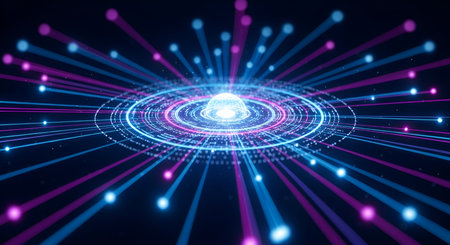 An abstract, futuristic digital network is depicted with concentric rings of light and radiating...