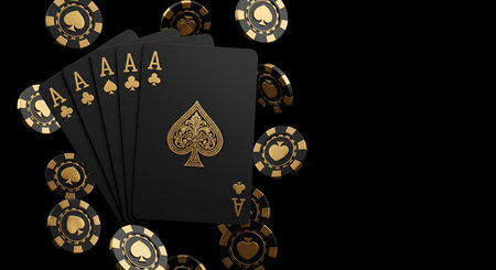 A close-up of four black playing cards, each displaying an ace of spades in gold lettering and a...