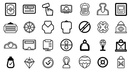 A collection of abstract and geometric line art icons on a black background. The icons feature various shapes, patterns, and symbolic representations, including circles, squares, diamonds, and abstract forms, suggesting concepts like connection, design, and art.の写真素材