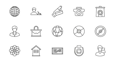 A grid of 15 white outline icons on a black background. The icons represent various concepts including a globe, a person, money, a camera, a trash can, a user profile, a bucket, a compass, a flower, a house, a laptop, and two different user icons. The style is simple and modern, with clear lines defining each symbol.の写真素材