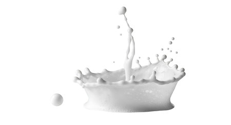 A dynamic splash of white liquid, resembling milk, forms a crown shape against a black background. A single, perfectly round droplet is captured in mid-air to the left of the main splash. The intricate details of the liquid's movement, with numerous smaller droplets and tendrils, are frozen in time.の写真素材