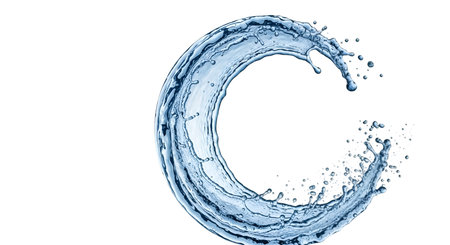 A dynamic circular splash of clear water is captured against a black background. The water forms a roughly circular shape with a textured, wave-like inner edge and numerous small droplets and spray flying outwards. The overall impression is one of fluid motion and energy.の写真素材