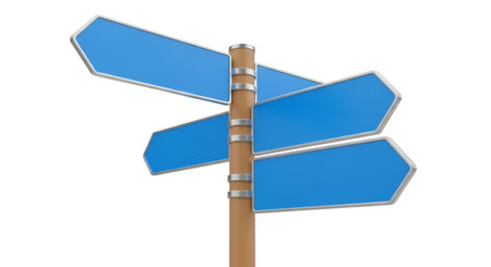 A wooden signpost with multiple blank, blue arrow-shaped signs pointing in different directions. The signs are framed with a silver border and attached to a central wooden pole with silver metal rings. The empty signs suggest a need for direction or a choice to be made. The background is black.の写真素材