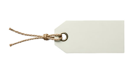A plain white rectangular paper tag with a die-cut hole and metal grommet is attached by a knotted twine string. The tag is isolated on a black background, with the string extending to the left. This image is ideal for representing price tags, gift labels, or informational tags in various retail or marketing contexts.の写真素材