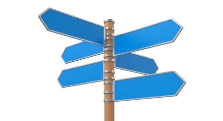 A directional signpost with multiple blank blue arrow-shaped signs is presented against a black background. The signs are mounted on a wooden pole secured by metal rings. The arrows point in various directions, indicating choices or different paths. The blue signs are clean and ready for custom text.の写真素材