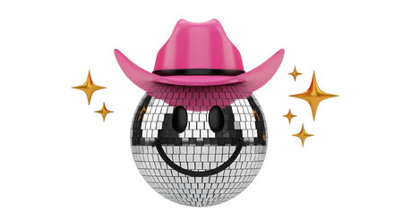 Star-shaped showing disco ball emoji with pink cowboy hat and stars keywords: disco ball, emoji, smiley face, happy, fun, party, celebration, cowboy hat, pink hat, stars, sparkling, glitter, dance, music, nightlife, retro, vintage, character, cartoon, whimsical, festive, bright, cheerful, disco, nightlife, entertainment description: a silver disco ball is rendered as a smiley face emoji, complete with a black mouth and two oval eyes. it wears a bright pink cowboy hat tilted slightly to one...の写真素材