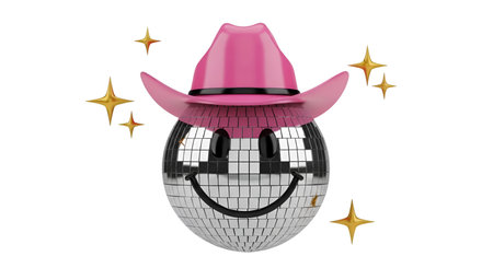 A 3D render of a classic disco ball with a happy smiley face etched onto its surface. It is topped with a bright pink cowboy hat. Small gold stars sparkle around the disco ball, set against a black background.の写真素材