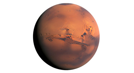 A detailed 3D rendering of the planet Mars. The surface displays characteristic reddish-brown hues, with visible geological features such as canyons and impact craters. The planet is depicted against the darkness of space.の写真素材