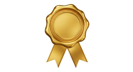 A gleaming golden award ribbon seal with a prominent, circular blank space in the center, ready for customization. Two elegant golden ribbons extend downwards from the seal, creating a classic award design. The object is presented against a dark background, highlighting its metallic sheen and intricate embossed details.の写真素材