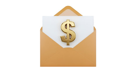 A metallic golden dollar sign is prominently displayed on a piece of white paper, which is partially inside an open tan envelope. The image is set against a black background, making the gold symbol and envelope stand out. This represents financial concepts.の写真素材