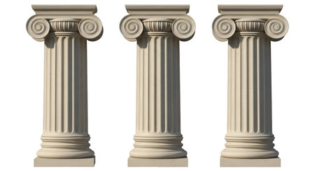 Three identical ancient Greek Ionic columns stand side-by-side against a black background. Each column is fluted and topped with a volute capital, characteristic of the Ionic order. The stone appears weathered and aged, suggesting historical significance.の写真素材