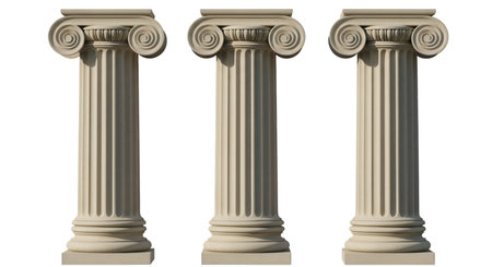 Three fluted stone columns in the Ionic style stand side-by-side against a black background. Each column features a distinct volute (scroll) capital. The stone appears weathered, suggesting an ancient or classical architectural element. The detailed carving of the capitals and the fluting of the shafts are clearly visible.の写真素材