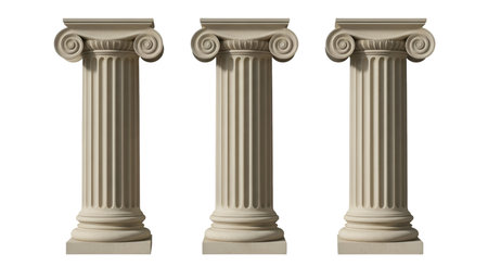 Three detailed, fluted Ionic columns stand side-by-side against a stark black background. Each column features a classic volute capital and a simple base. The stone texture is visible, highlighting the architectural details of these ancient structures.の写真素材