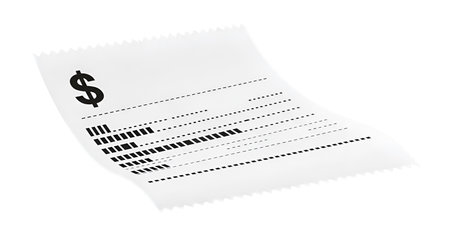 A white paper receipt with a serrated edge is shown against a black background. A dollar sign is printed on the left side, followed by dashed lines and small bar graph-like markings. The receipt is slightly curled, suggesting movement or a 3D rendering.の写真素材