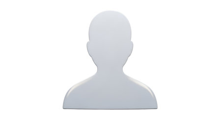 A minimalist 3D rendering of a white silhouette representing a person's icon or avatar is presented against a solid black background. The figure is depicted from the shoulders up, with a rounded head and a smooth, featureless form. This generic representation is commonly used for user profiles or as a placeholder in digital interfaces. The clean lines and simple design make it a versatile graphic element.の写真素材