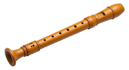 A wooden soprano recorder musical instrument is shown against a black background. The recorder is a light brown color with a smooth, polished finish. It has multiple fingering holes along its body and a mouthpiece at one end.の写真素材