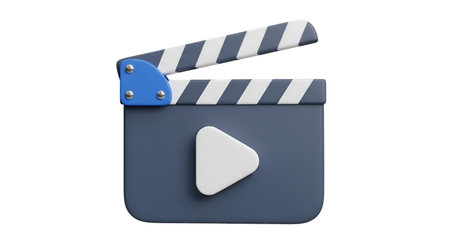 A stylized 3D clapperboard in a muted blue color is shown against a black background. The hinged top section is open, revealing alternating blue and white stripes. A white triangular play button icon is prominently displayed on the front of the clapperboard, suggesting video playback or recording.の写真素材