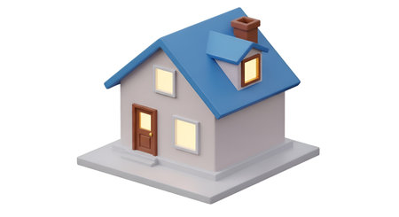 A stylized 3D cartoon illustration of a small residential house. The house features a prominent blue pitched roof and a brick-style chimney. The walls are a light cream color, and there are illuminated windows and a brown front door with steps leading up to it. The structure sits on a white base, and the entire object is presented against a black background.の写真素材