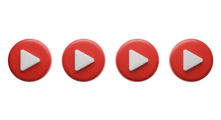 A row of four identical 3D rendered red circular play buttons, each featuring a white triangle pointing to the right. The buttons are evenly spaced and presented in a clean, minimalist style. The graphic is isolated on a black background.の写真素材
