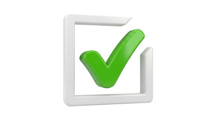 A bright green 3D check mark is positioned inside a white, slightly open square frame. The check mark has a glossy finish and appears to be leaning slightly. The entire graphic is presented against a solid black background, emphasizing the contrast between the white frame and the green symbol.の写真素材