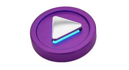A 3D rendered play button features a purple circular base with a silver triangular play icon at its center. A vibrant blue light emanates from beneath the play icon, creating a glowing effect. The button is presented against a black background.の写真素材