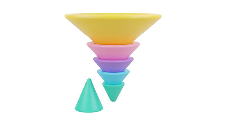 A visual representation of a process or filtering system is shown with a stack of five 3D funnels in graduated pastel colors: yellow, pink, purple, light blue, and teal. Each funnel is smaller than the one above it, creating a downward progression. A single teal cone sits to the left of the bottom funnel. The objects are rendered with smooth surfaces and are isolated on a black background.の写真素材