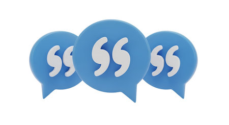 Three vibrant blue speech bubbles are clustered together against a transparent background. Each bubble prominently features a white, stylized quotation mark symbol. The central bubble is slightly larger and positioned forward, with the other two flanking it, creating a visual representation of shared or quoted text.の写真素材