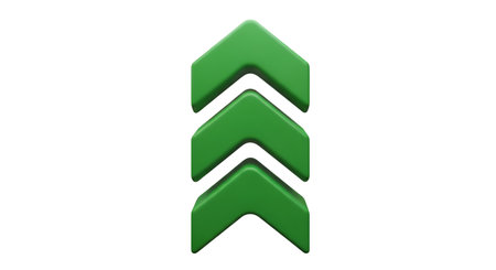 Three identical green arrows are stacked vertically, all pointing upwards. The arrows have a smooth, rounded appearance and are slightly offset from each other, creating a sense of depth. They are presented in a 3D rendered style on a black background.の写真素材