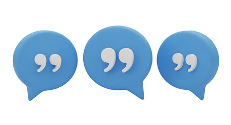 Three blue 3D speech bubbles are arranged horizontally, each containing a pair of white quotation marks. These icons represent dialogue, conversation, or the act of quoting text. They are presented on a black background, suitable for use in digital communication or design contexts.の写真素材