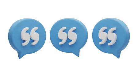 Three identical blue speech bubbles are arranged horizontally. Each bubble contains a pair of white quotation marks, symbolizing speech or a quote. The bubbles have a slight 3D appearance and are set against a dark background.の写真素材