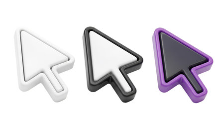 Three 3D rendered cursor icons are displayed. The first cursor is solid white. The second cursor is white with a black outline. The third cursor is white with a purple outline. The icons are arranged side-by-side.の写真素材