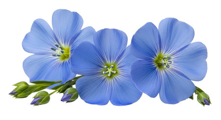 Three delicate blue flax flowers are prominently displayed, showcasing their vibrant petals and intricate centers. Accompanying the blooms are several green buds and stems, suggesting the ongoing cycle of growth. The flowers are rendered with fine detail and vibrant color against a white background.の写真素材