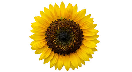 A single, vibrant yellow sunflower is presented against a black background. The flower features numerous bright yellow petals radiating from a dark, textured center filled with seeds. High quality image with transparent background support.の写真素材