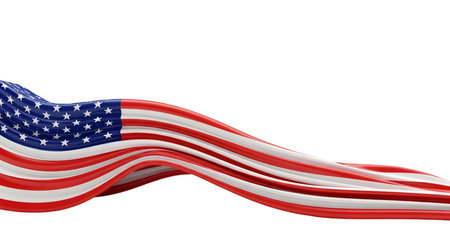 A smooth, flowing ribbon-like representation of the American flag. The stars and stripes are clearly defined as the ribbon curves gracefully across the frame. The image is presented against a solid black background, highlighting the sleek and modern appearance of the flag design.の写真素材