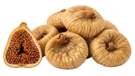 A close-up view of a pile of dried figs, their wrinkled surfaces showing a rich, golden-brown color. One fig is cut in half, revealing its intricate interior filled with numerous tiny seeds and a lighter flesh. The image is set against a black background.の写真素材