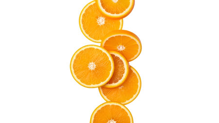 Food showing sliced oranges falling against black background keywords: orange, citrus, fruit, slice, food, healthy, vitamin c, juicy, fresh, sweet, natural, organic, round, pattern, texture, background, isolated, studio shot, top view, overhead, refreshing, summer, tropical, ingredient, raw, whole, half, segment, healthy eating description: a vertical arrangement of sliced oranges against a black background. the slices are various sizes and are overlapping, creating a dynamic visual. the...の写真素材