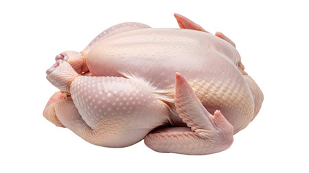 A whole, raw chicken is presented in a studio shot against a dark background. The bird's skin is pale and smooth, with visible texture in some areas. The wings are tucked in, and the overall shape of the chicken is clearly defined. The lighting highlights the form and texture of the raw poultry.の写真素材