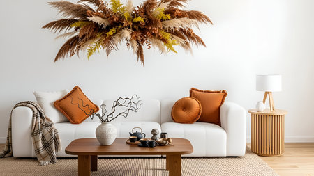 Modern living room interior with white couch and orange cushions