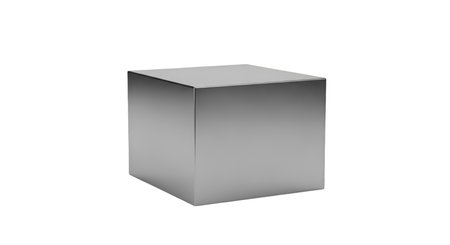 A perfectly formed metallic cube is shown in a studio setting against a black background. The cube...