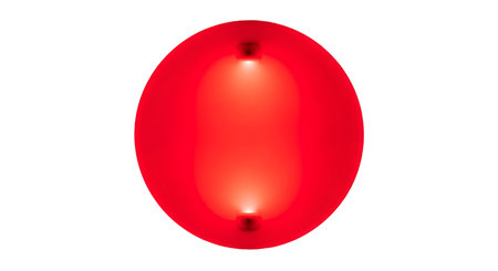 An abstract image displays a bright, luminous red orb against a stark black background. The orb...