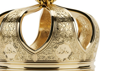 A detailed, close-up view of a golden crown against a black background. The crown is highly ornate...