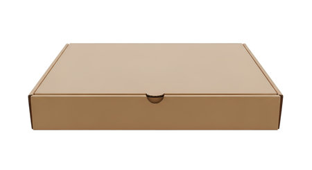 A closed, light brown cardboard box is presented against a solid black background. The box is...