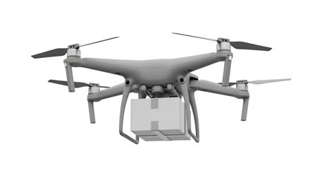 A grey drone with four propellers is depicted in mid-air, carrying a white rectangular package...