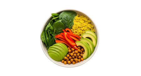 A white bowl is filled with a vibrant and healthy assortment of ingredients. The bowl contains...