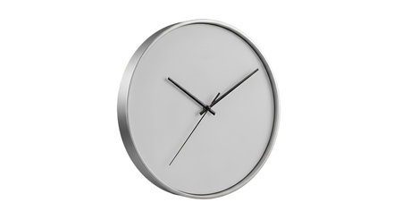 A minimalist, round wall clock with a clean white face and thin black hour, minute, and second...