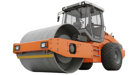 A 3D render of an orange steamroller, also known as a road roller, positioned on a white background....