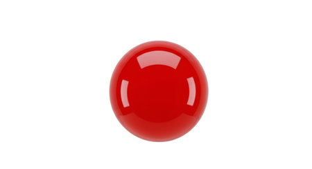 A perfectly round, bright red sphere is isolated against a solid black background. The surface of...