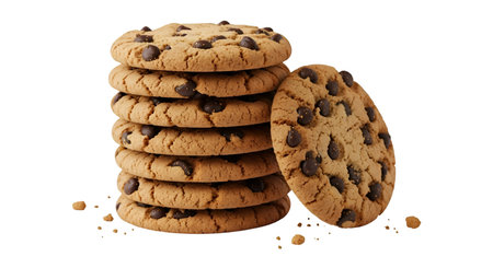 A close-up studio shot of a stack of seven chocolate chip cookies, with one cookie leaning against...