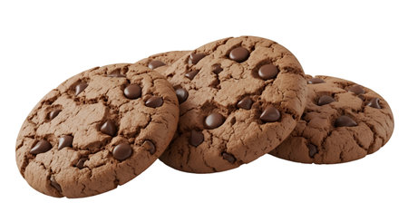 Three round chocolate chip cookies are arranged closely together on a dark surface. The cookies are...
