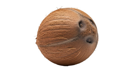 A single, whole coconut with its characteristic fibrous brown husk is isolated against a black...